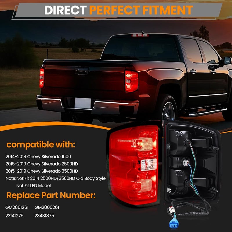 BeamTrack Tail Lights Assembly Compatible with 2014-2019 Chevy Silverado 1500 2500HD 3500HD Rear Brake Taillight Left & Right Side with Bulbs and Harness, Replace GM2801261 23141275 GM2800261 23431875 - Image 2